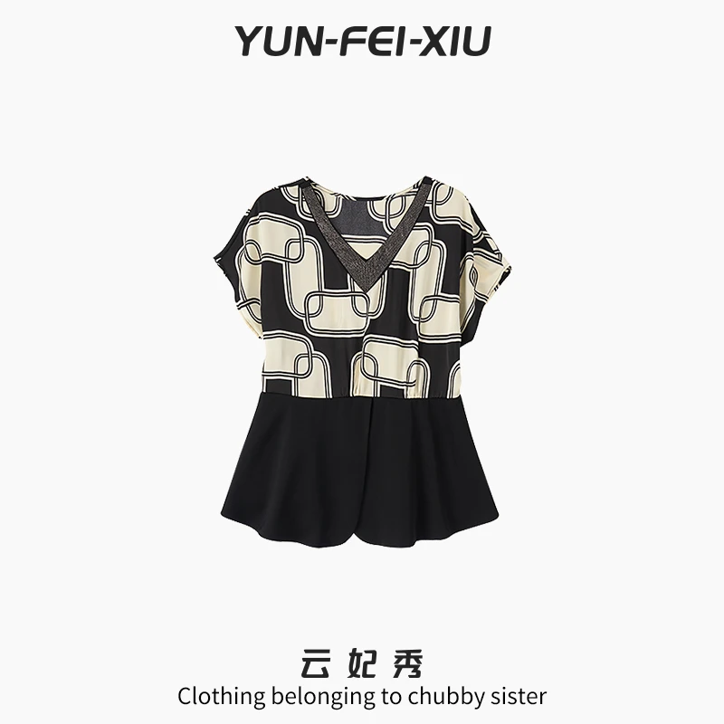 云妃秀大码女装T恤印花时尚休闲宽松显瘦胖妹妹V领落肩袖夏季6038