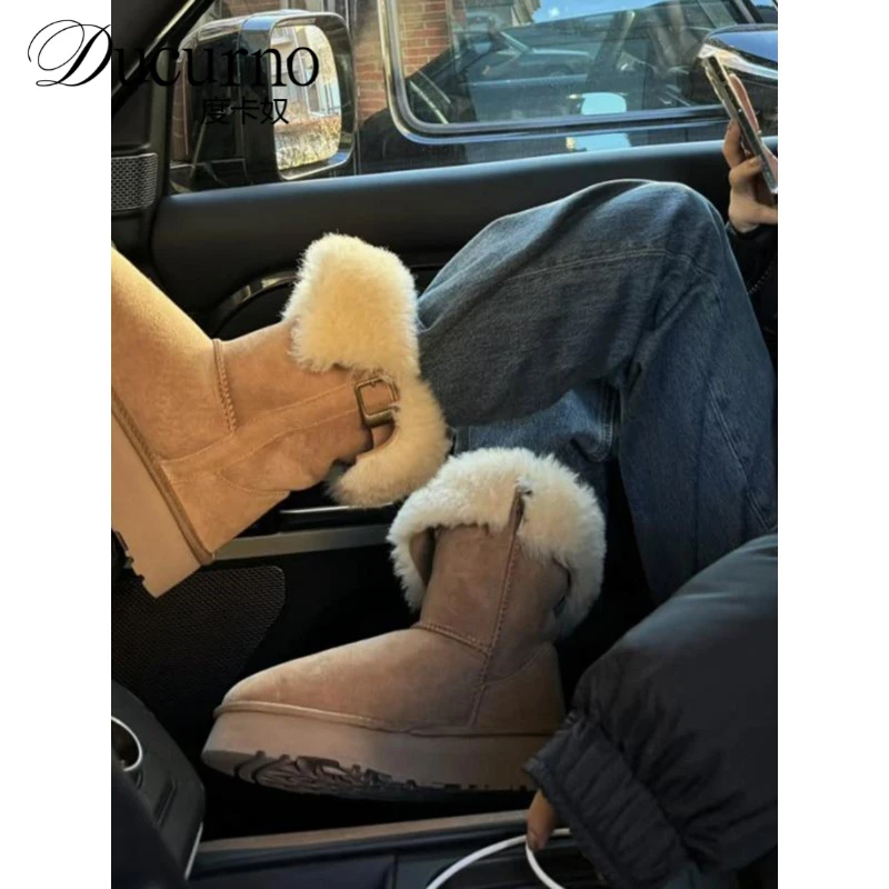 度卡奴厚底女雪地靴2025新款冬季加厚中小腿保暖