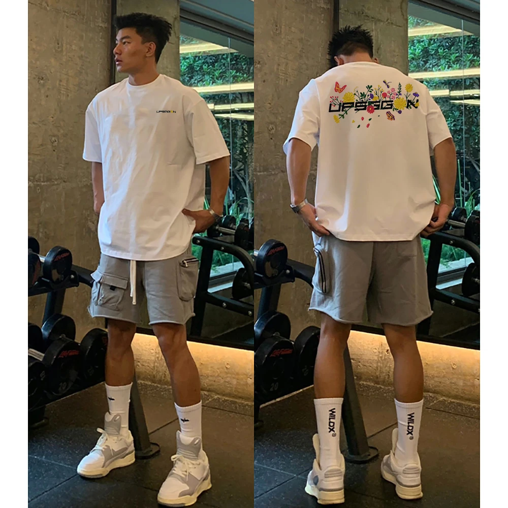 美式潮牌后背印花字母花卉短袖恤男女同款情侣装重磅品质体恤衫