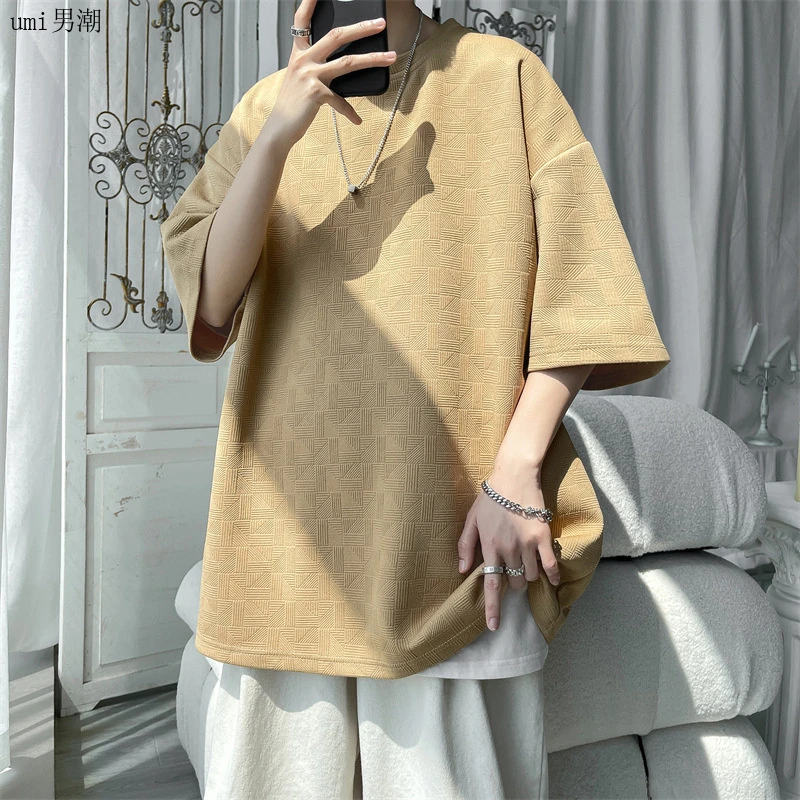 潮流夏季宽松垂坠感冰丝弹力纯色短袖T恤男大码情侣半袖衫