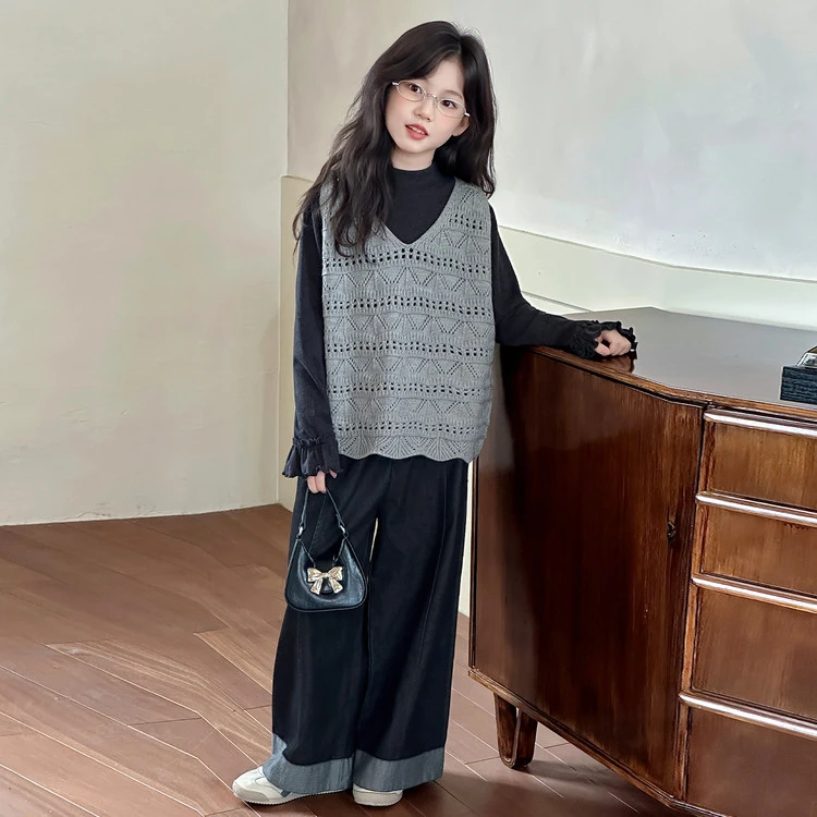 甜野家【碳烤芝麻】女童潮流打底衫马甲裤子三件套2025秋季中大童