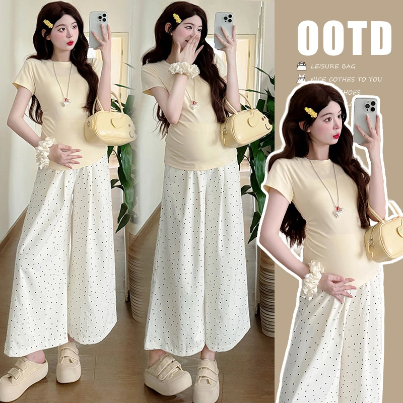 2025夏季新款舒适正肩抽褶➕托腹波点阔腿裤孕妇遮肉显瘦洋气套装