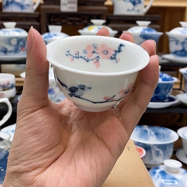 手绘喜上眉梢压手杯85cc 釉下彩微瑕福利款