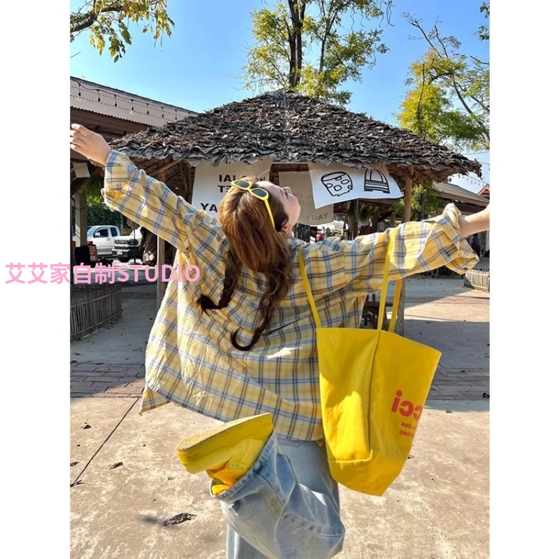 黄色格纹衬衫女春夏2025韩系宽松休闲衬衣慵懒风长袖防晒上衣外套