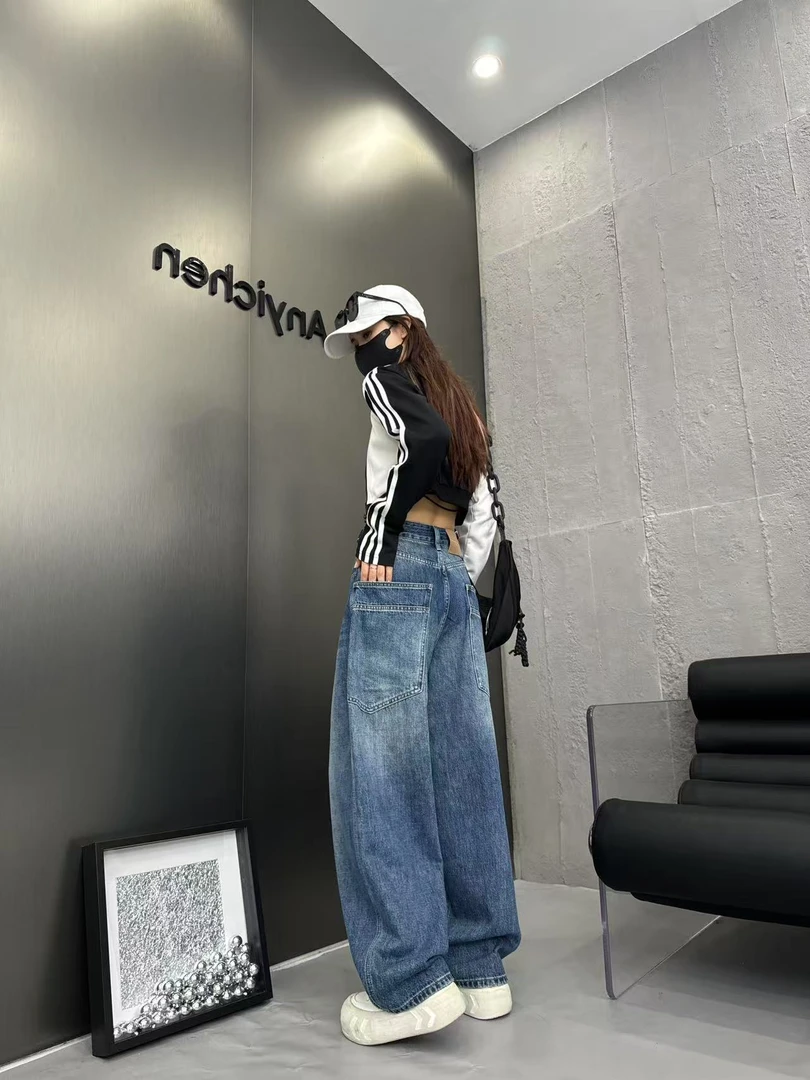 EZ8600-【早秋新款】深蓝高级气质百搭显瘦无弹水洗美式老爹牛仔裤