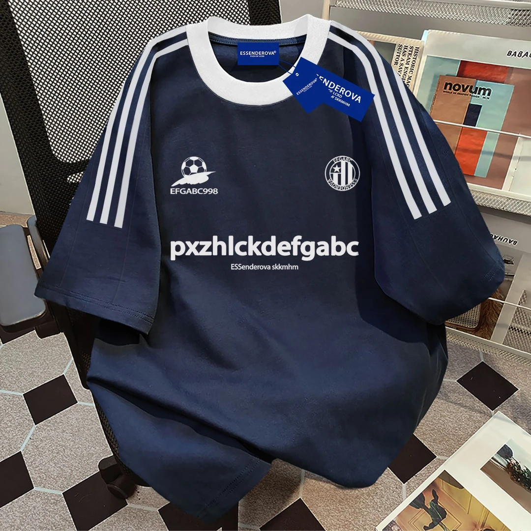 100%纯棉2025夏季新款字母印花三条杠男女款短袖t恤宽松百搭上衣