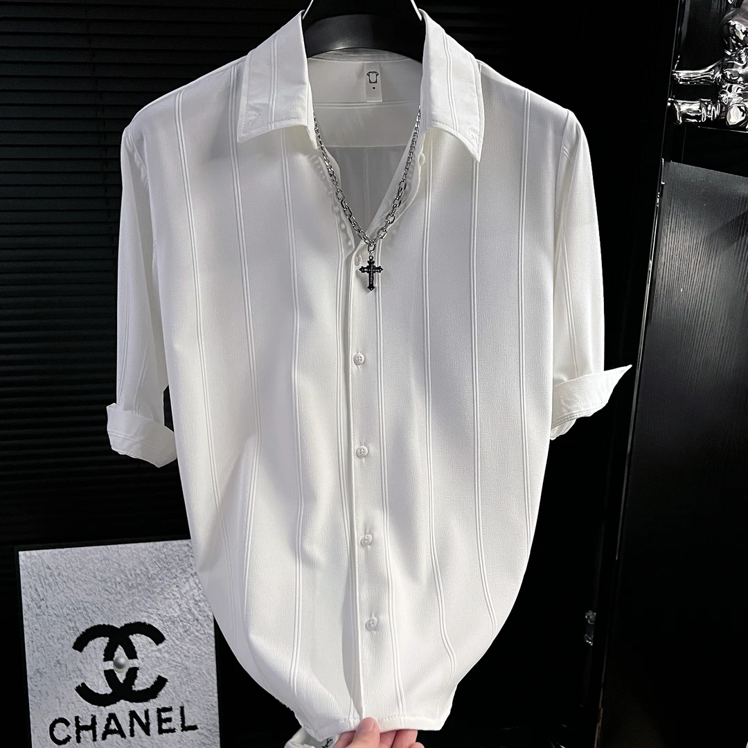 冰丝男士短袖衬衫条纹休闲百搭帅气简约宽松薄款衬衣夏季