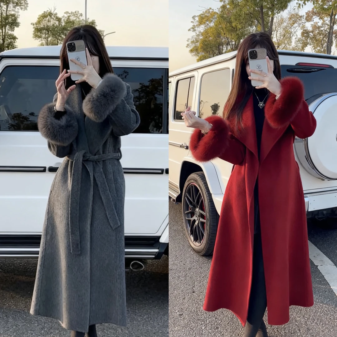 冬季长袖女长款束身法式羊毛外套宽松女士毛领过膝中长款秋冬气质