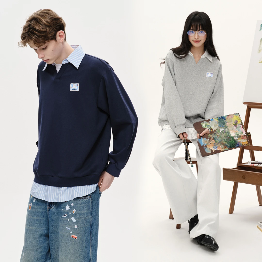 PSO Brand 【假两件】格纹小狗V领长袖运动时尚休闲百搭卫衣PWY119