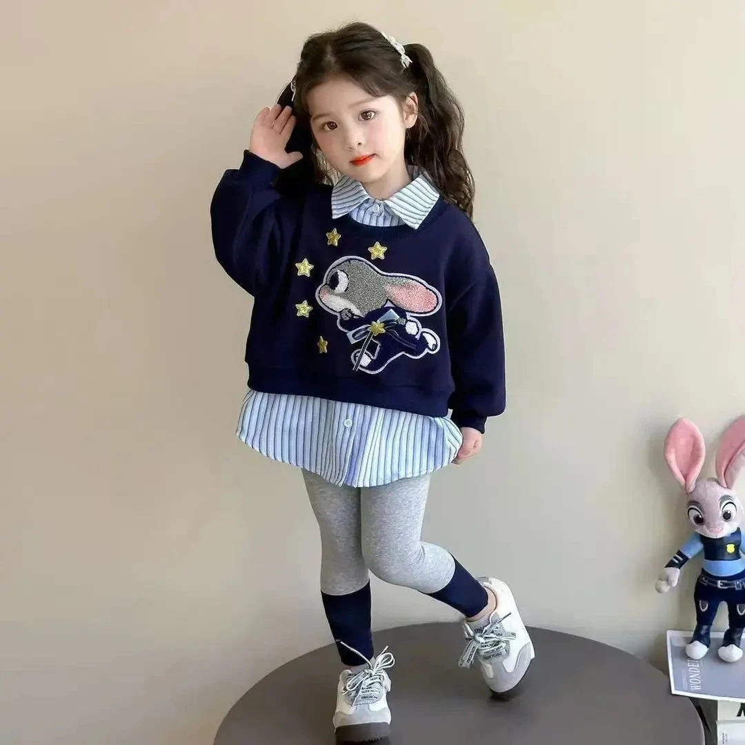 女童新款秋季套装兔子警官假两件韩版卫衣可爱洋气打底裤两件套