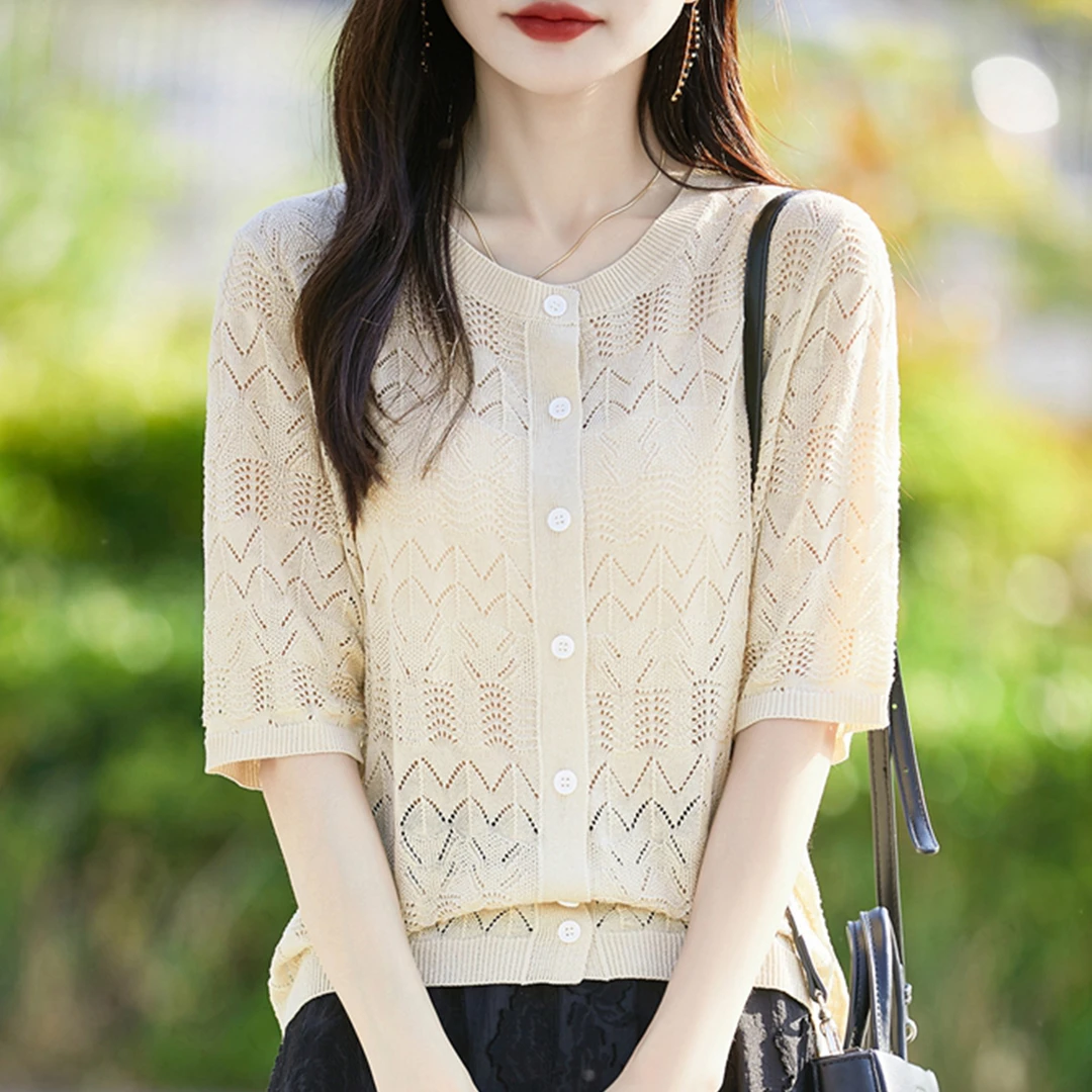 高端胖mm夏装大码冰丝针织开衫女士短袖t恤遮肚子巨显瘦镂空上衣