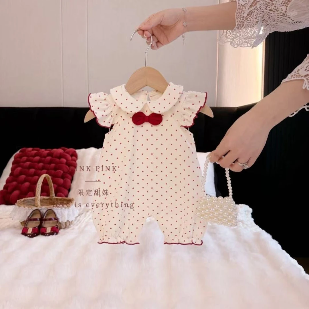 娃娃领蝴蝶结连体衣夏季薄款女宝宝爬服甜美可爱波点新生幼儿哈衣