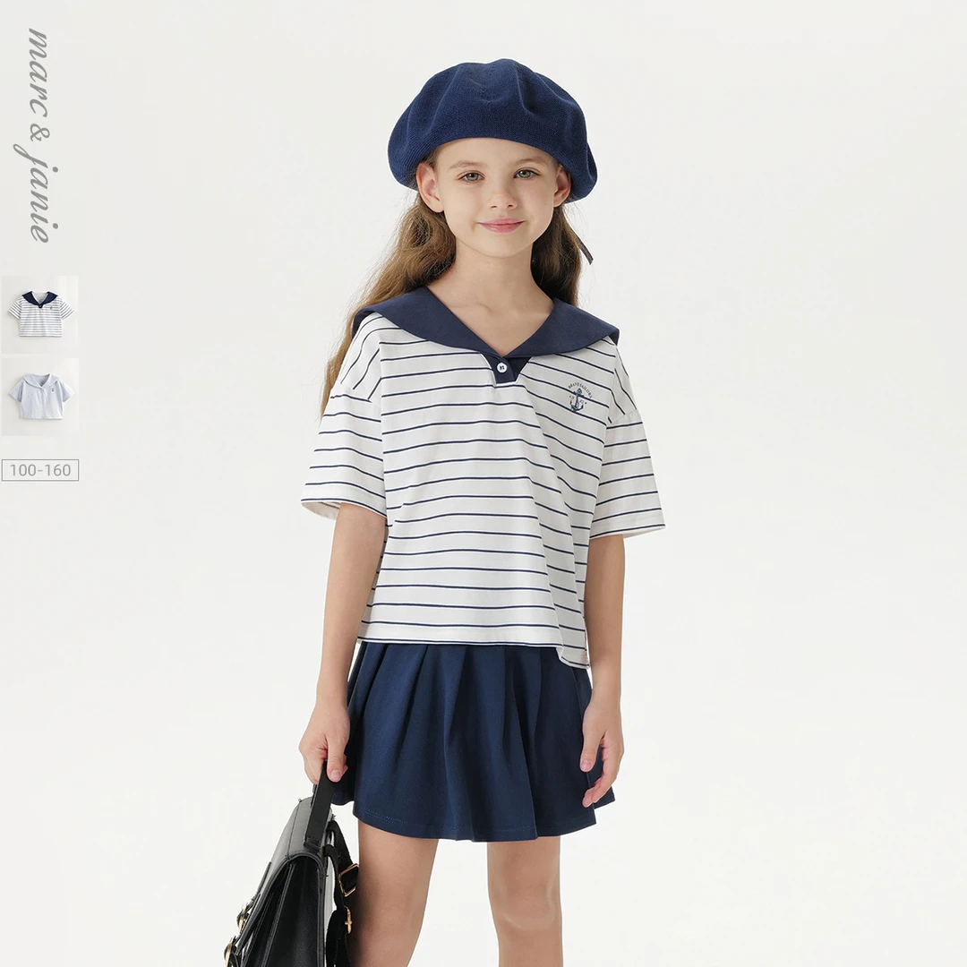 马克珍妮女童清凉舒适海军学院T恤2025年春夏新款550683