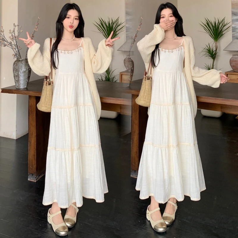 大码春夏高级感度假风气质收腰长裙温柔显瘦胖MM吊带连衣裙开衫仙