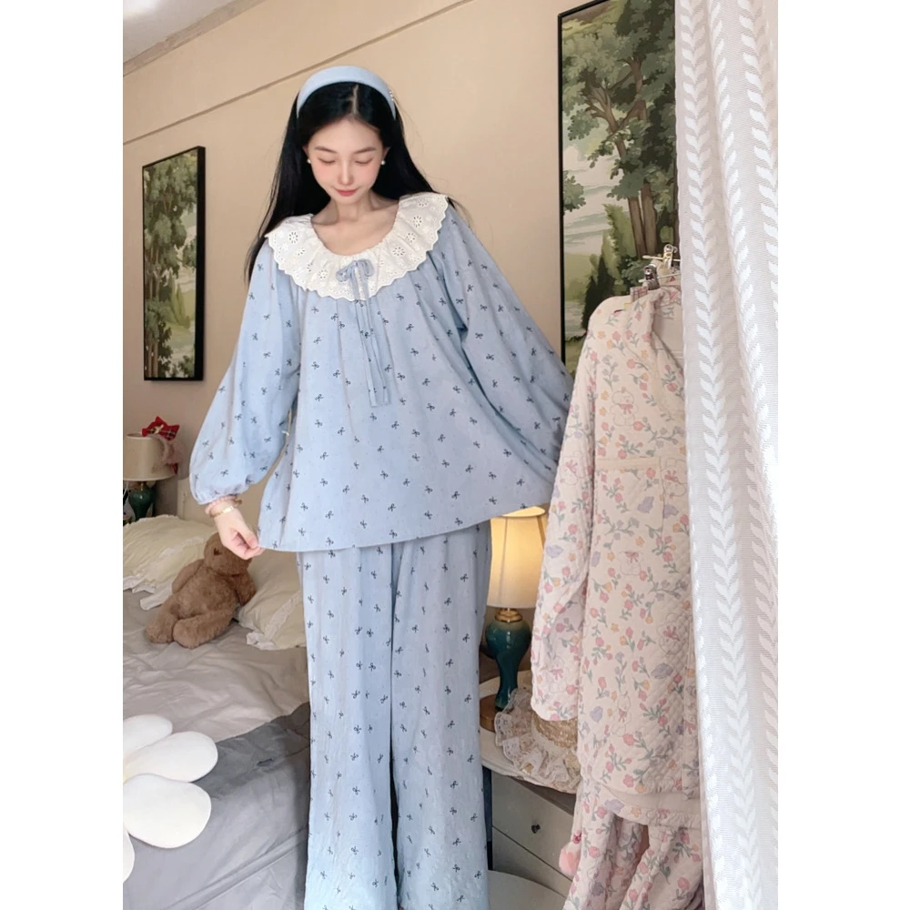 睡衣女春秋季韩版甜美蕾丝蝴蝶结纯棉麻长袖长裤家居服套装学生