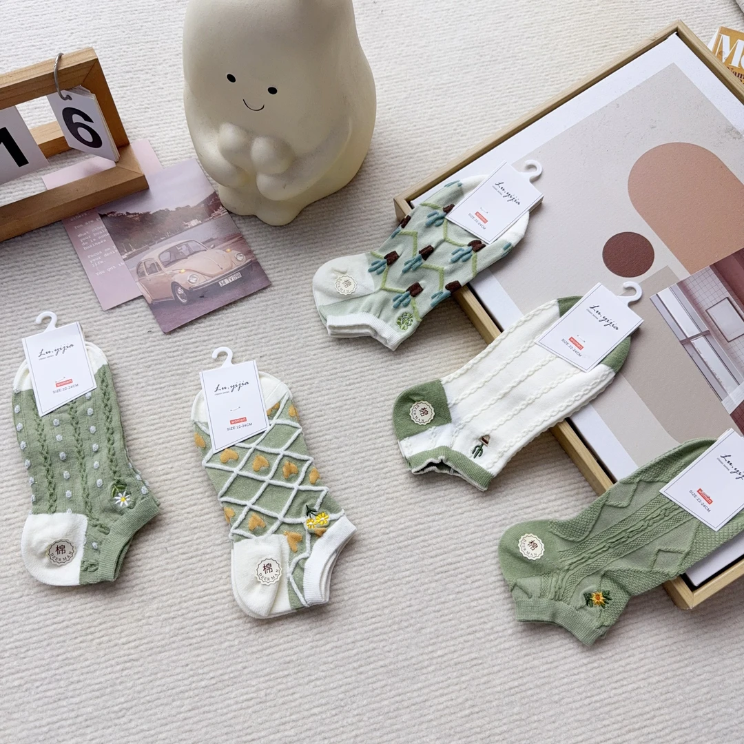 H-8543 五双女袜绿色休闲时尚船袜