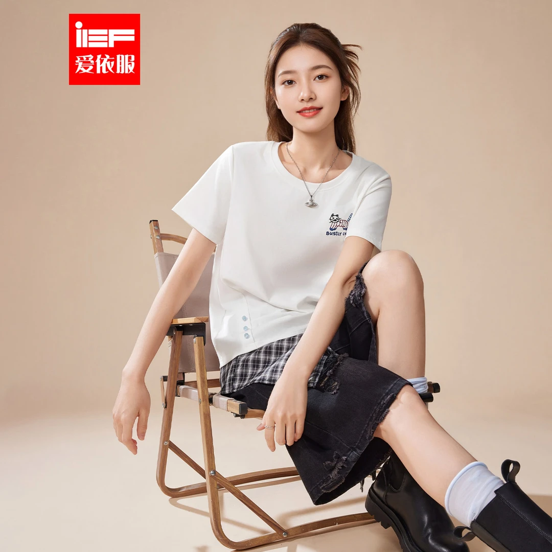 IEF/爱依服2025夏季新款圆领短袖T恤女小狗印花宽松显瘦白色上衣