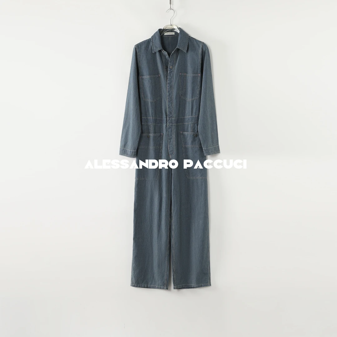 AP洛哥51135KL【致敬经典】亚麻+棉纵向条纹时尚蓝色牛仔连体裤