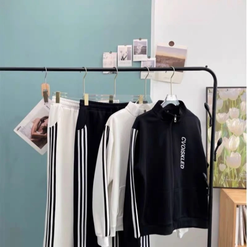 Y79880  时尚休闲男女同款运动套装春秋条纹运动服百搭显瘦两件套