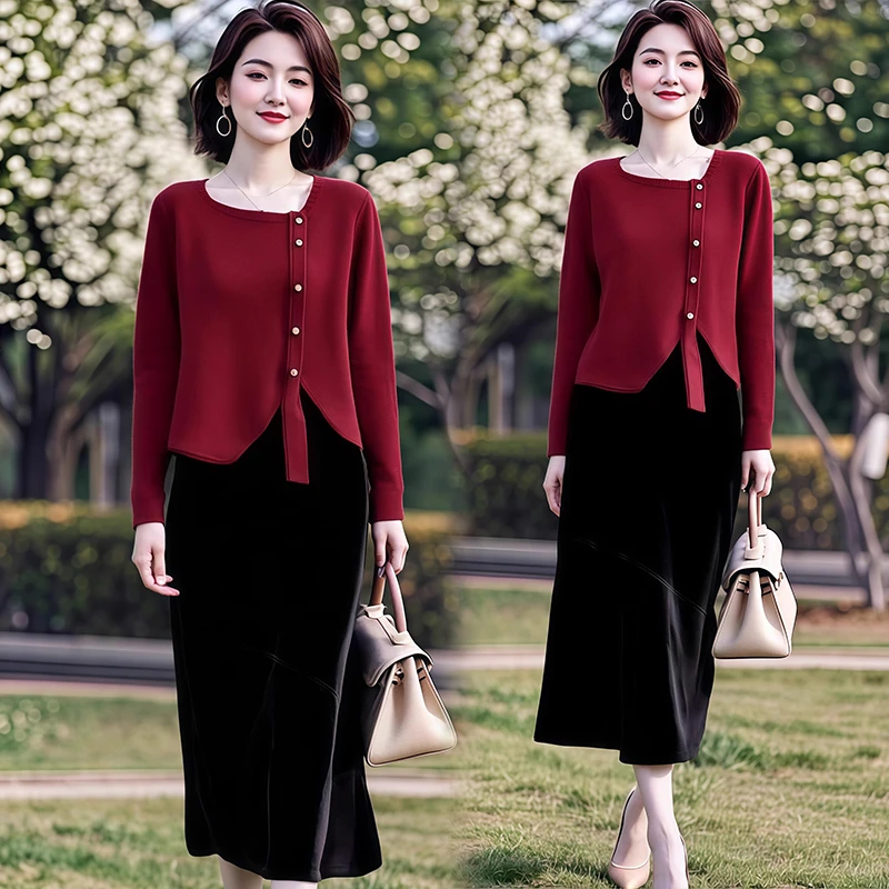 官图 温柔套装裙2025春秋新款气质毛衣搭配丝绒半身裙甜美两件套