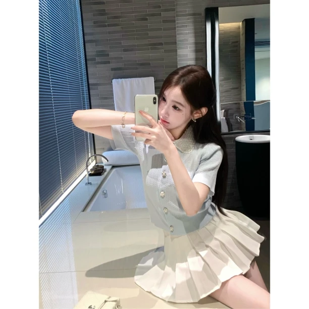 【梦梦服饰】夏季新款温柔风气质百搭重工珍珠饰娃娃领短袖+百褶裙