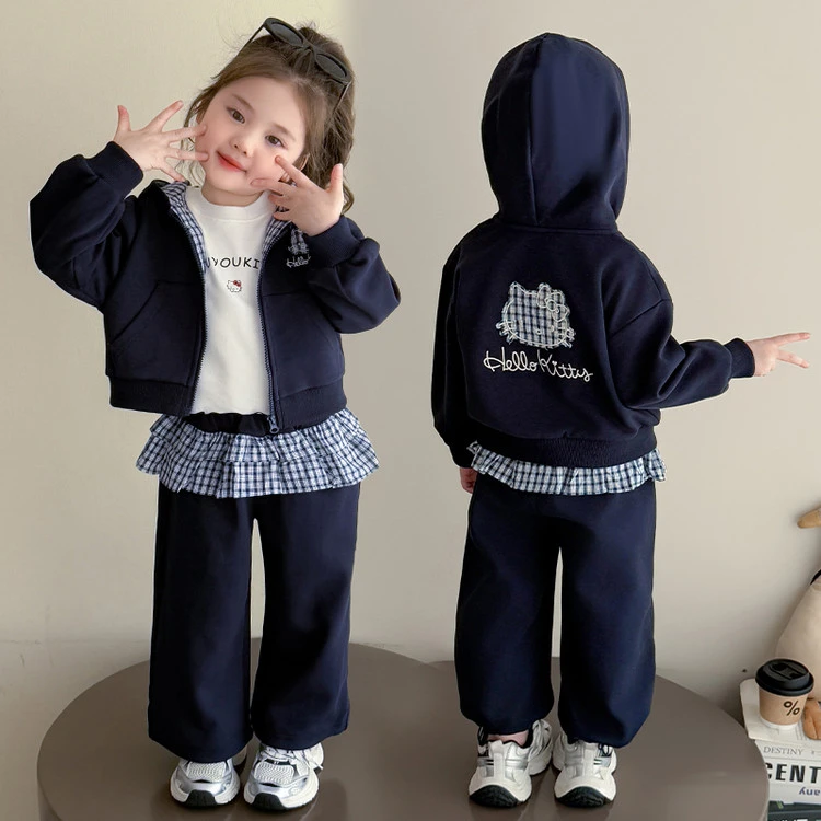 女童套装秋装2025秋季新款女孩连帽开衫拼接格子休闲裤屁帘三件套
