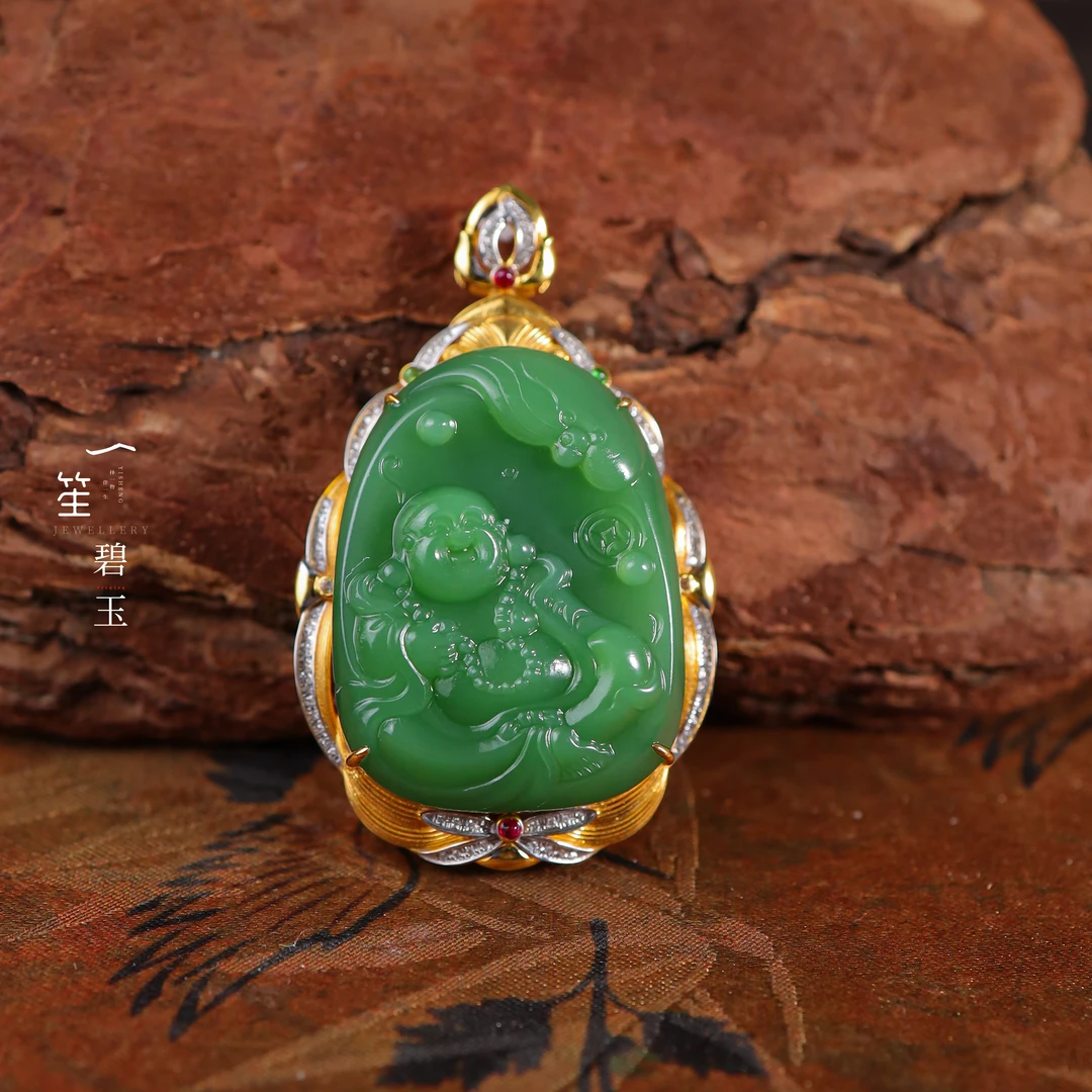 【一笙珠宝】天然和田玉碧玉收藏级佛公吊坠18k镶嵌