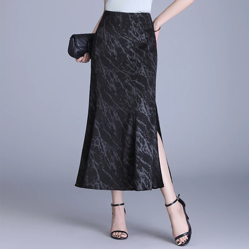 开叉鱼尾裙半身裙女2025春夏季新款印花满天星亮片一步长裙包臀裙