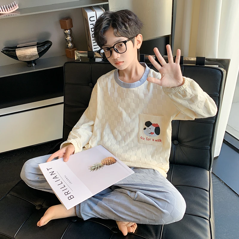 春秋季男童睡衣儿童棉薄款卡通长袖套装10岁至15岁男孩圆领家居服