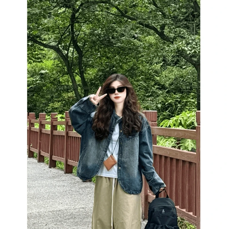 美式复古蓝色水洗牛仔外套女秋装2025新款高级感休闲百搭夹克上衣