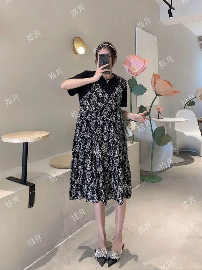 6636气质碎花假两件连衣裙宽松显瘦减龄