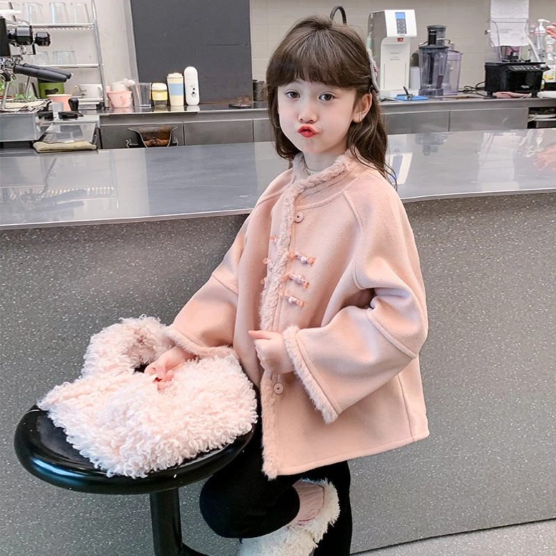 女童秋冬外套2025新款儿童中式国风夹棉加厚毛呢大衣冬款女孩风衣