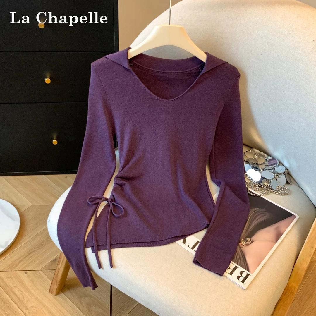 拉夏贝尔2025秋新款设计感修身翻领抽绳打底针织衫女气质内搭上衣