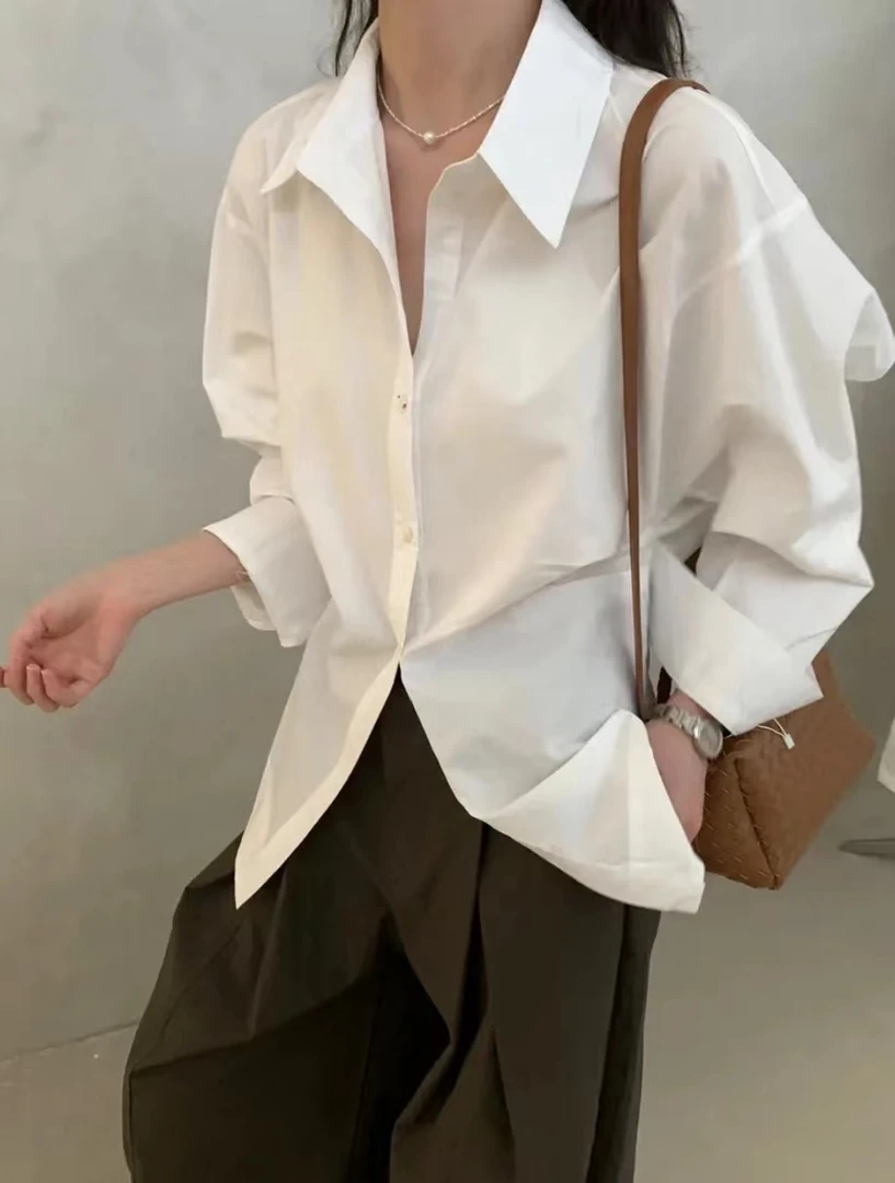 解构主义后背收腰显瘦衬衫定位褶皱工艺衬衫女