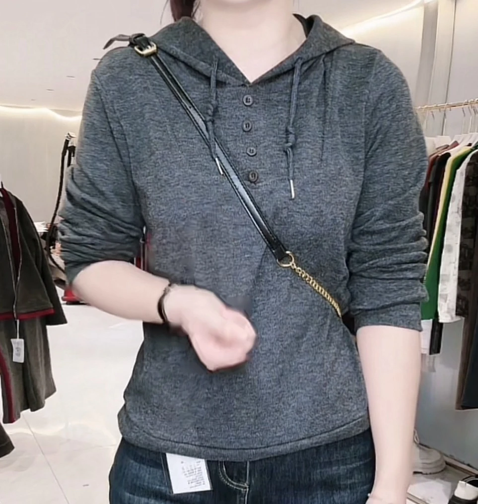 8628#四扣连帽抽绳款上衣女衬衫休闲显瘦时尚百搭减龄春秋新款