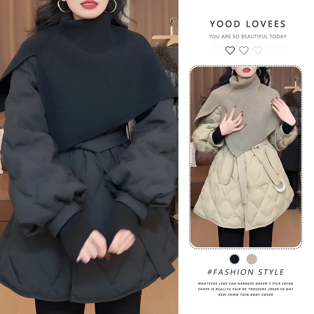 韩系时尚针织披肩搭轻薄中长款棉服女2025冬季新款保暖外套潮棉衣