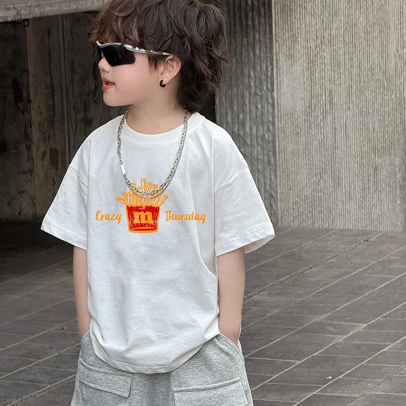 2025夏装男童儿童装潮酷M记薯条印花短袖宽松上衣白色Tt恤韩牌
