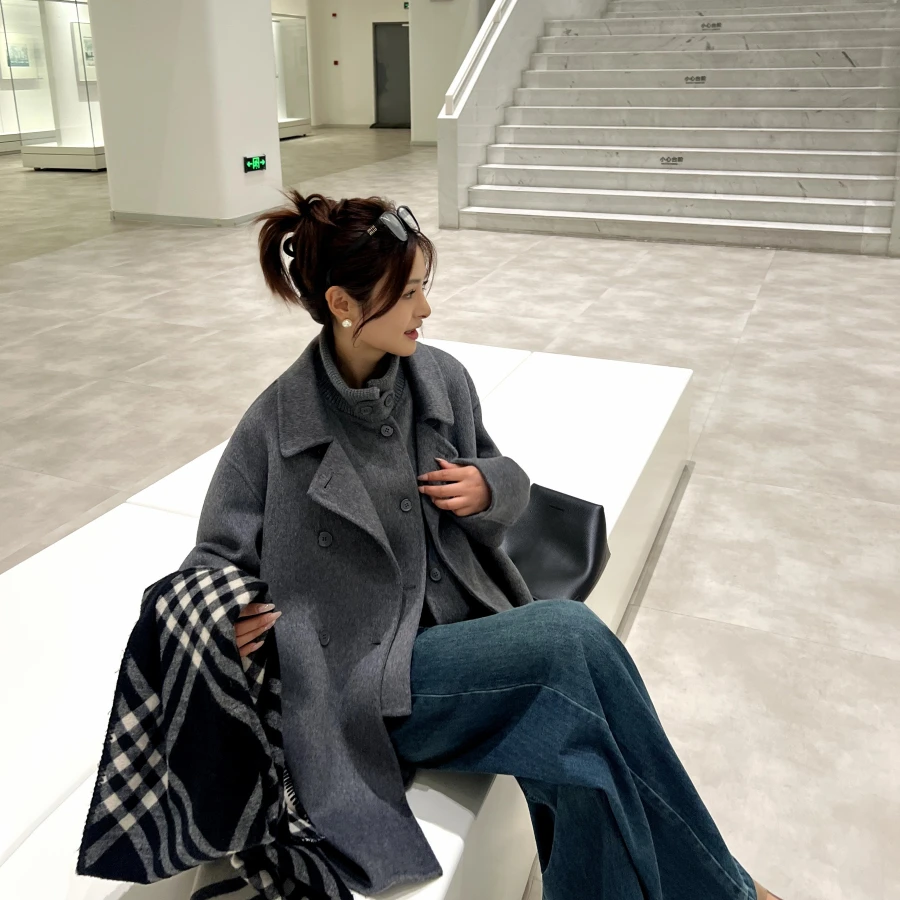 伊迪卡双面羊毛大衣马甲两件套短款宽松显瘦女士气质百搭秋冬新款