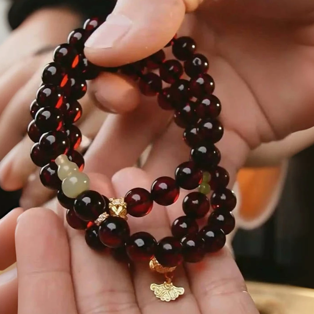 【亿景珠宝】8+天然血珀三圈手串项链妈妈链手持多用款设计款时尚