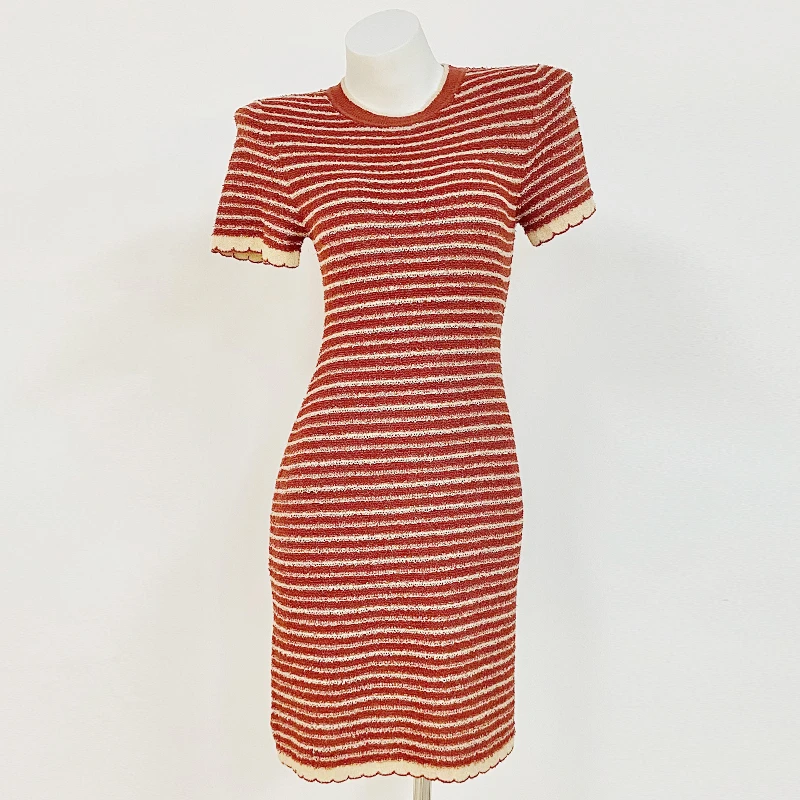 毛圈条纹连衣裙女修身短袖圆领夏季新款显瘦A字裙休闲时尚气质