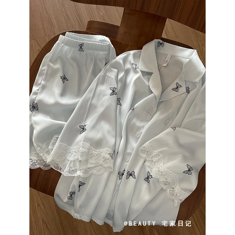 夏日凉感冰丝缎面短袖睡衣女2025新款纯欲蕾丝花边短裤家居服套装