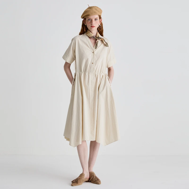 谜底连衣裙短袖2025夏季新品通勤V领抽绳收腰修身中长裙252ML0554