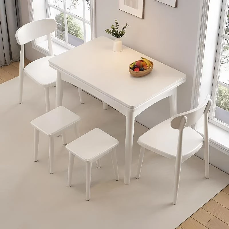 岩板折叠餐桌家用小户型奶油风现代长方形伸缩实木餐桌椅组合桌子