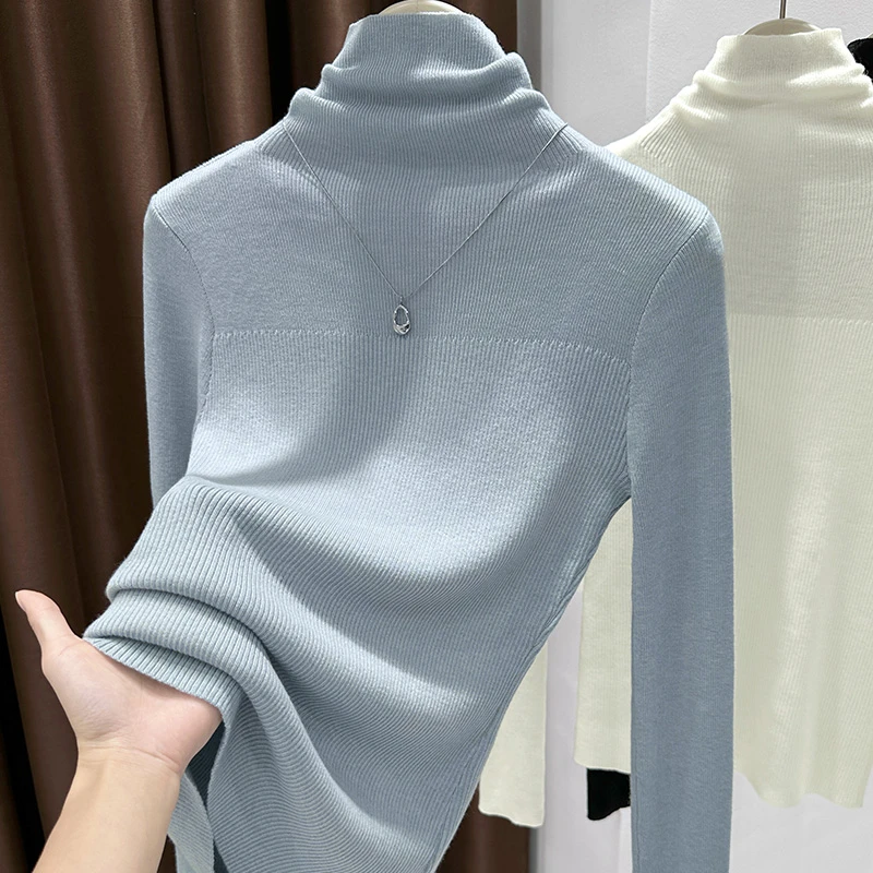 蓝色小高领软糯针织打底衫女款修身长袖内搭柔肤感拼接堆堆领上衣