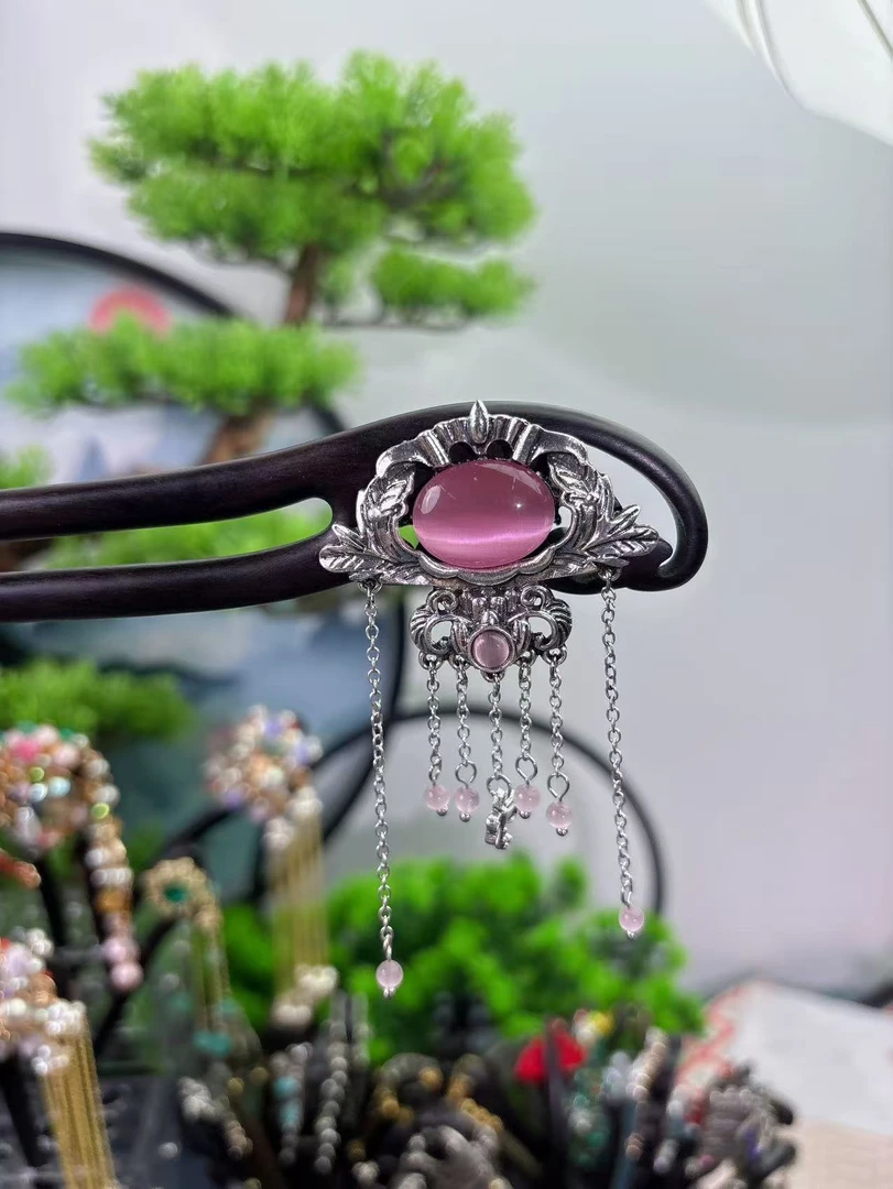 炑歌K35粉色双钗流苏15公分发簪手工百搭时尚发饰