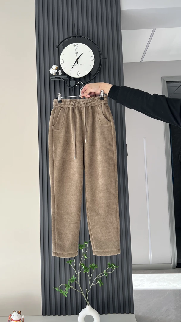 冬季新款纯色雪尼尔羊绒加厚九分款潮流高腰哈伦保暖休闲裤加绒百