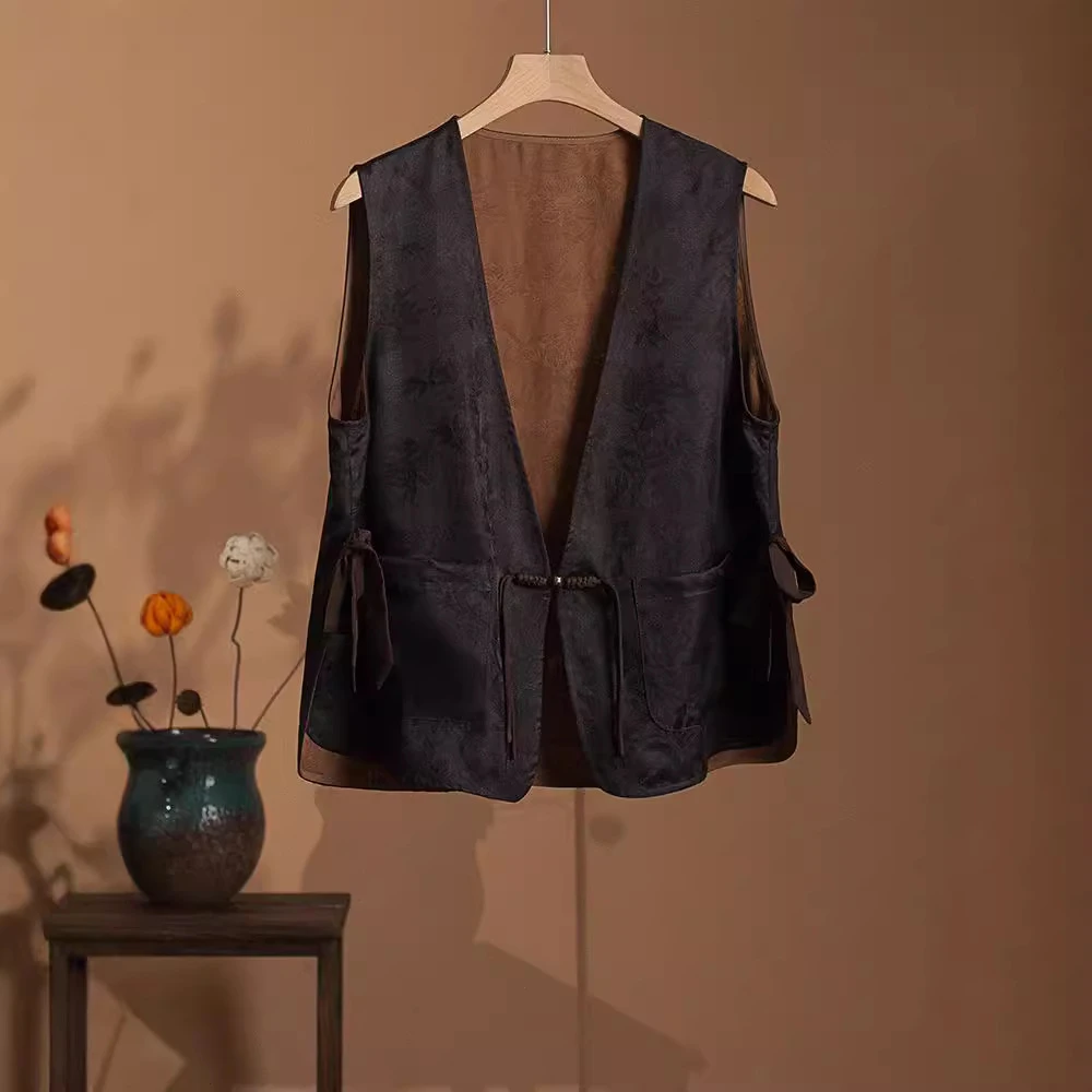 【四季青】真丝香云纱提花新中式马甲女桑蚕丝中国风复古坎肩背心