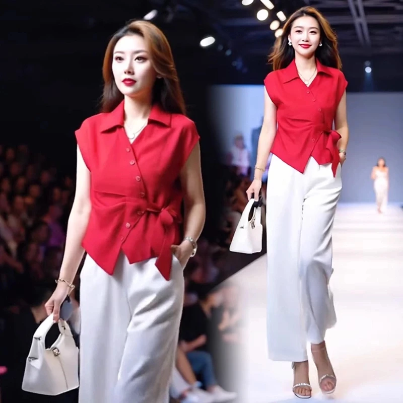 时尚套装女夏季新款洋气显瘦不规则短袖衬衫上衣阔腿裤气质两件套