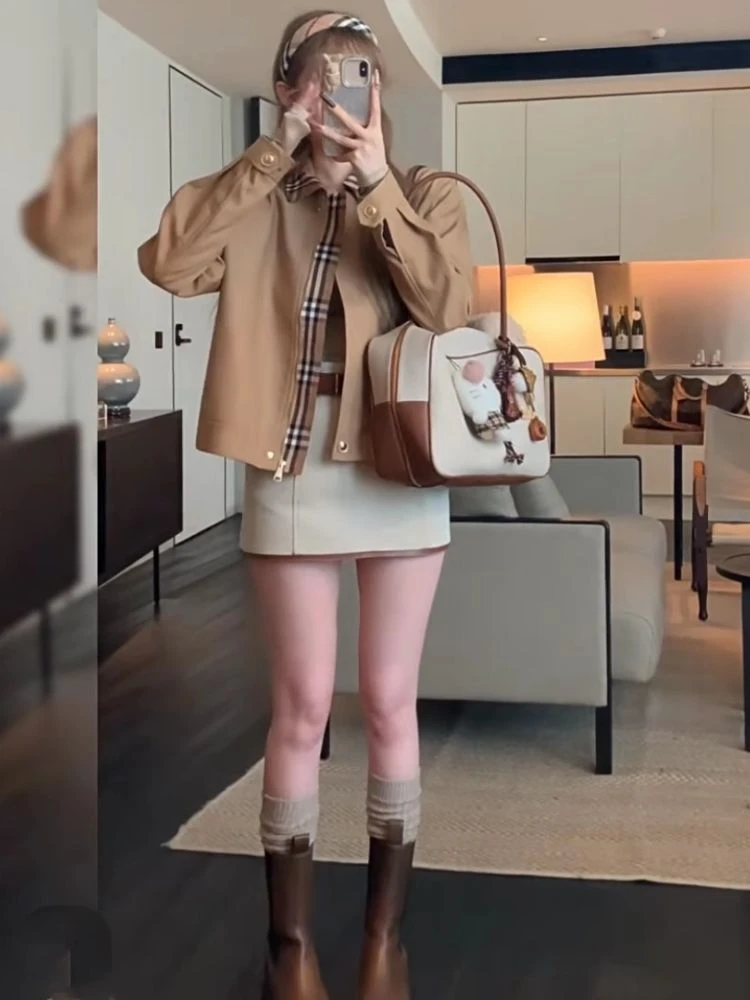 小个子上衣春秋款卡其色外套女2025秋季复古新款格子风衣夹克短款