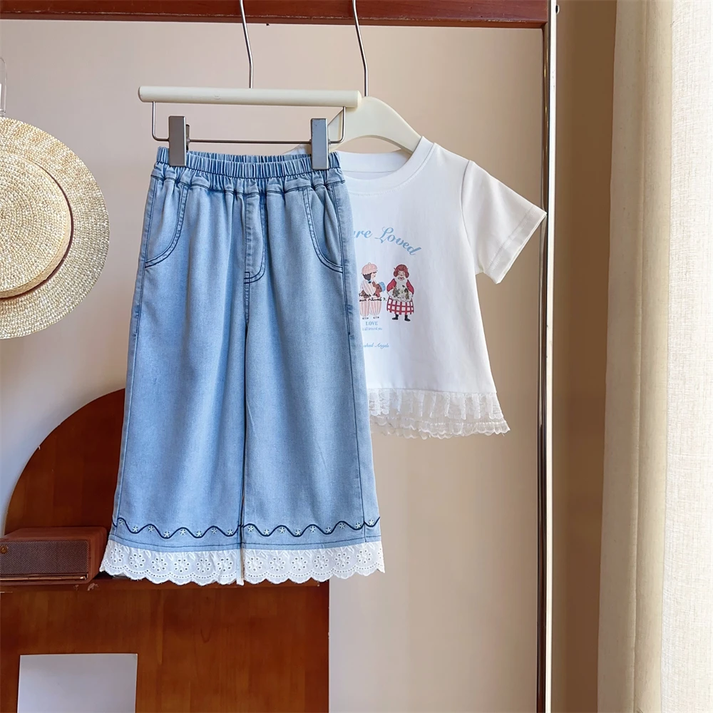 现货【蓝塔】3289九分裤夏款女童法式花边拼接牛仔裤时尚百搭女宝裤